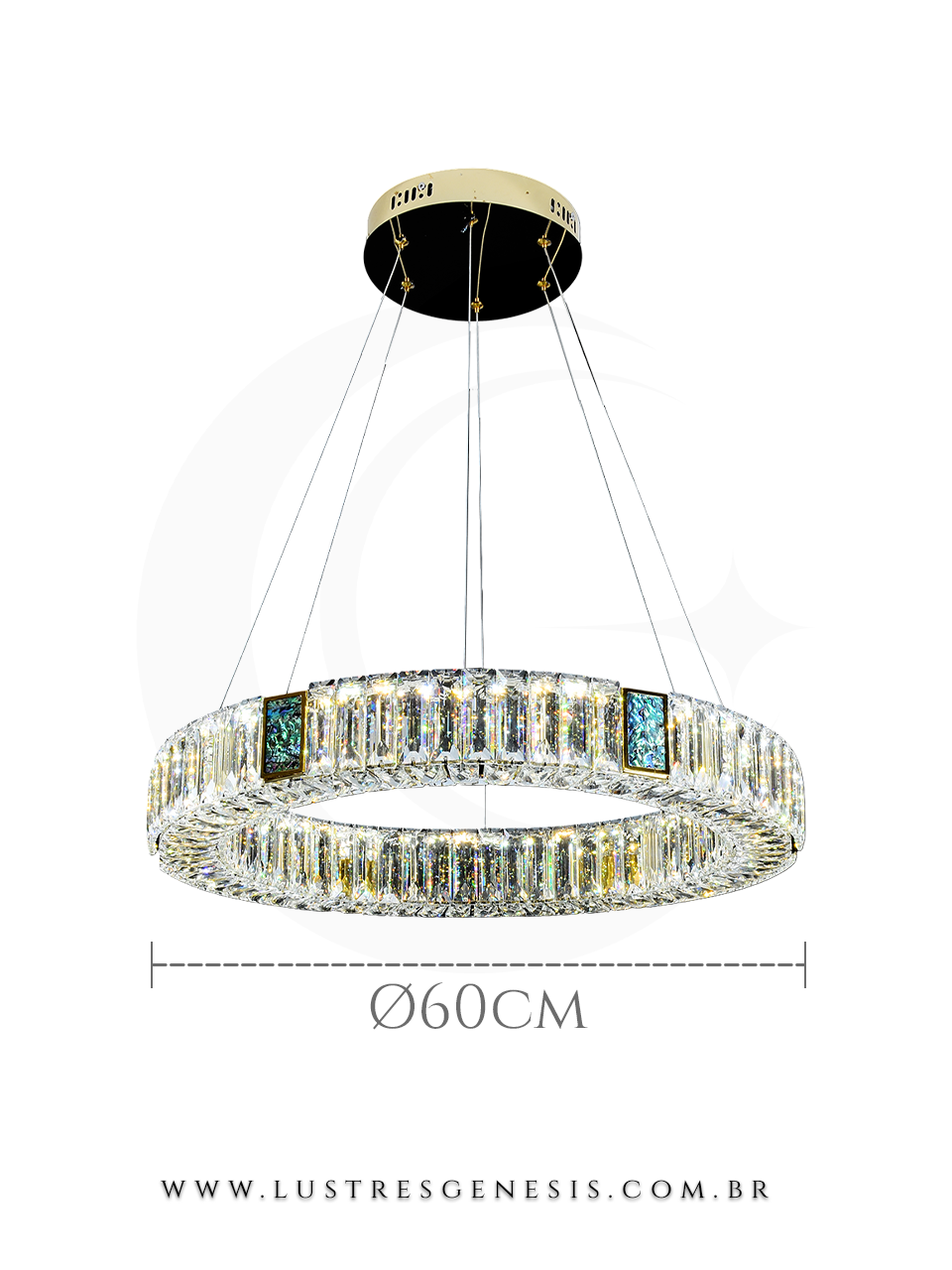 Lustre pendente redondo de cristal Vortex da Sindora, com 60 cm de diâmetro, ideal para sala de jantar, sala de estar e quartos.